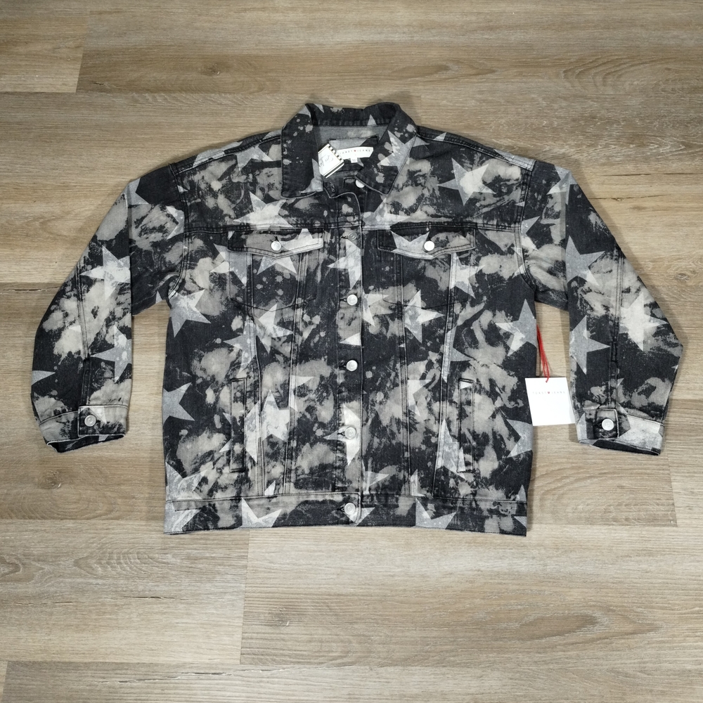 Toast Jeans Women's Denim Jacket M Black White Star Pattern Trucker Grunge Punk